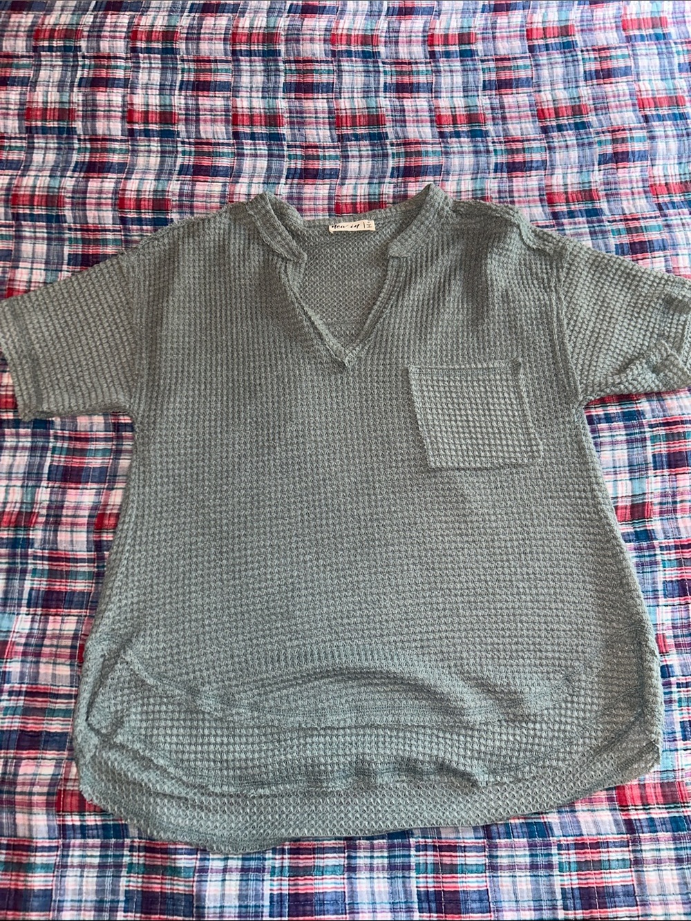 Relaxed Waffle Knit Short-Sleeve Top in Sage Green